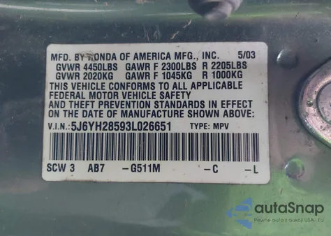 2003 Honda Element Ex from USA, damaged, VIN 5J6YH28593L026651